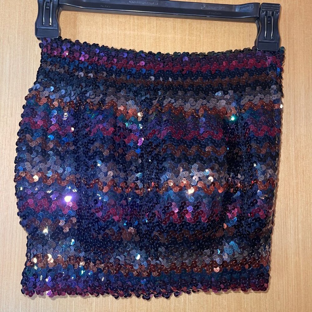 Vintage Womens Top Size L Multicolor Sequin Tube Strapless Cropped Jewel Tone